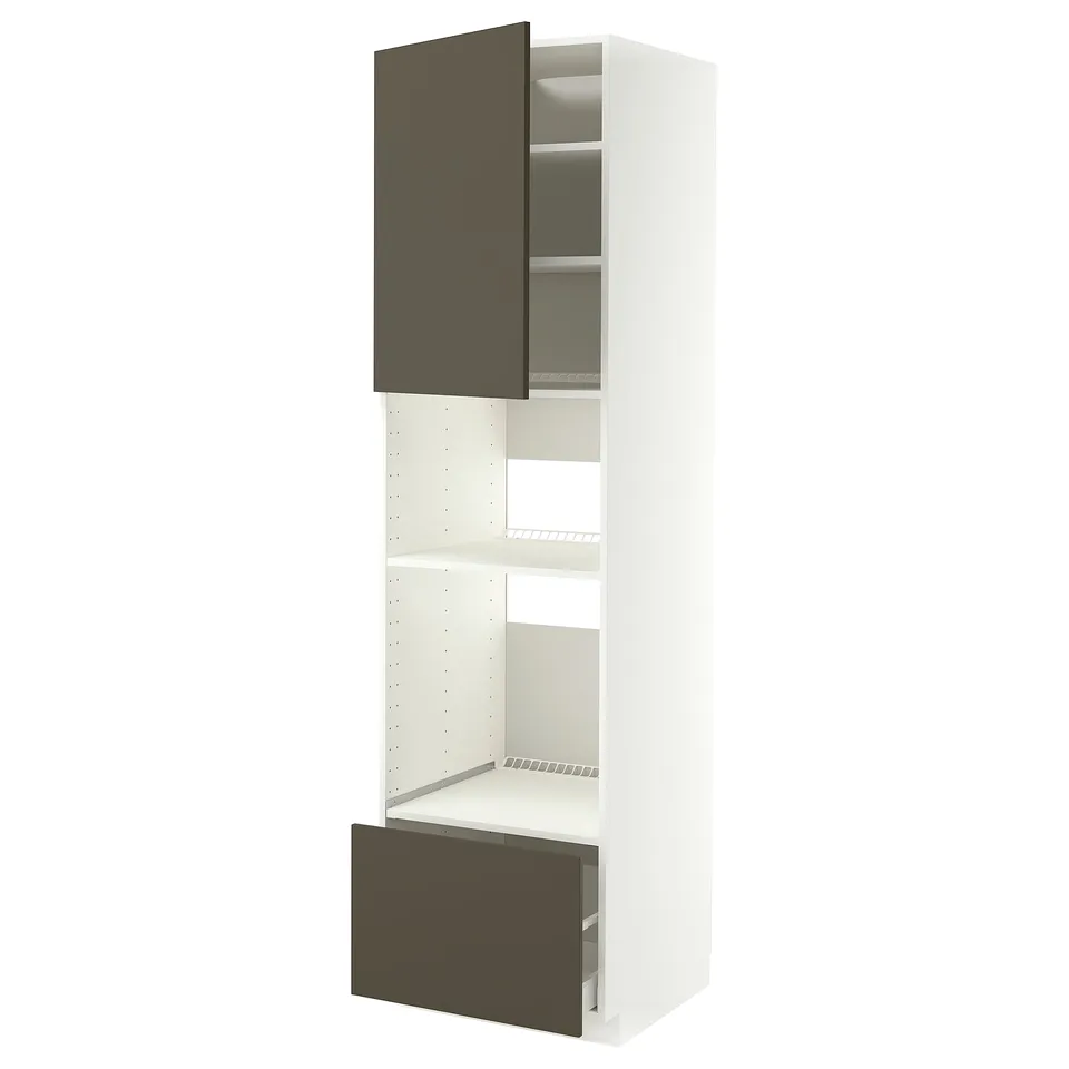 A tall white METOD kitchen cabinet with dark brown doors and adjustable shelves.