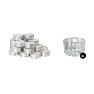 FINSMAK/GLIMMA set: unscented tealight + tealight holder x2, clear glass