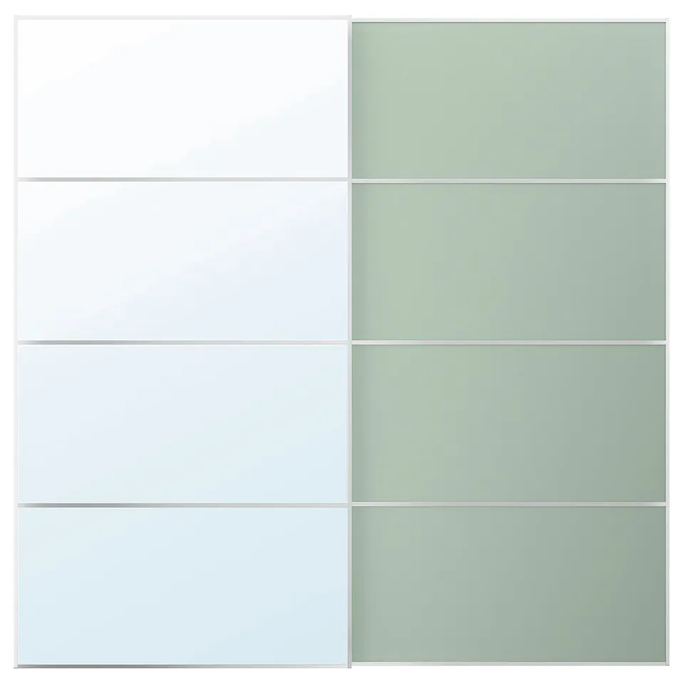A pax wardrobe with MEHAMN/AULI sliding glass doors in a soft green shade, featuring a sleek, rectangular design with a modern aesthetic.