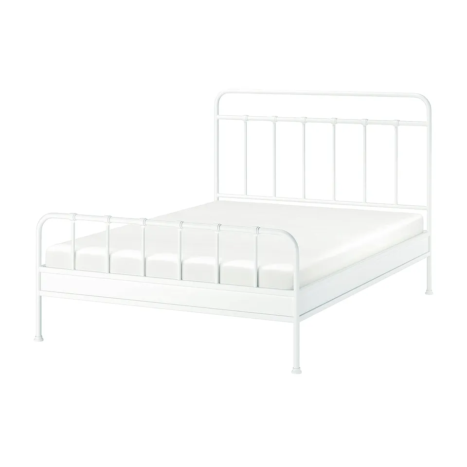 White STJÄRNÖ bed frame with curved head & footboard, modern design, durable powder-coated steel.