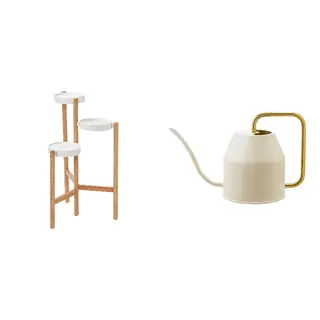 SATSUMAS/VATTENKRASSE set: plant stand + watering can, bamboo/white + ivory/gold-colour