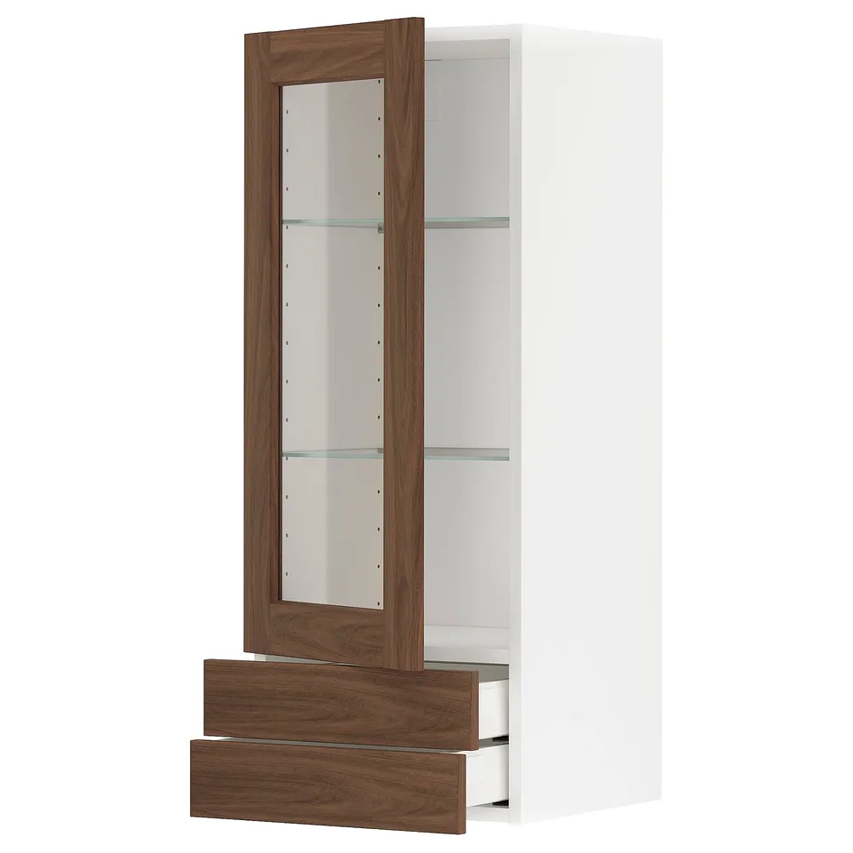 Item: METOD kitchen cabinet, white & walnut. Glass doors, adjustable shelf, soft-closing drawers.