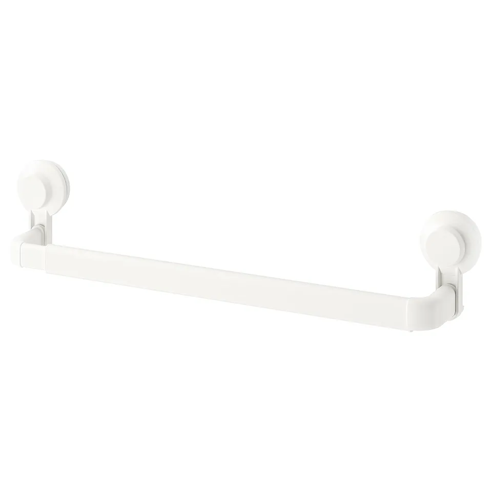 White TISKEN extendable towel rack, wall-mounted with suction cups, sleek, modern design.