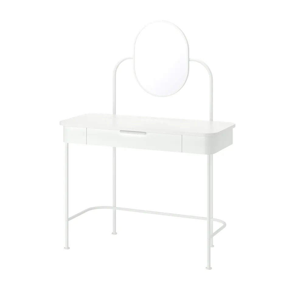 GRÅFJÄLLET white dressing table with mirror & 3 drawers, minimalist design.