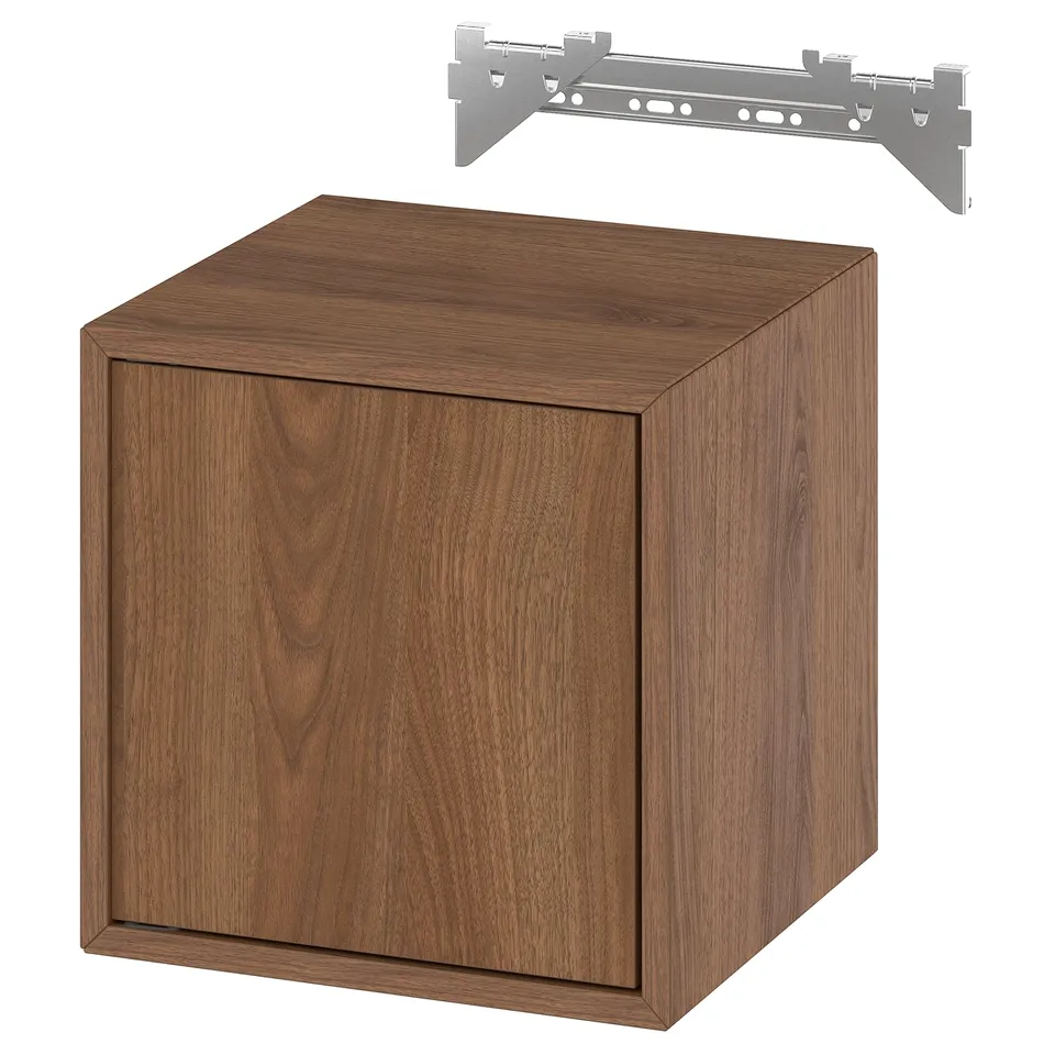 A square brown wooden cabinet with minimalist design and a suspension rail for wall mounting.