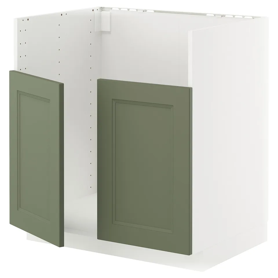 METOD kitchen unit with grey-green axstad doors. White base, square shape, modern design.