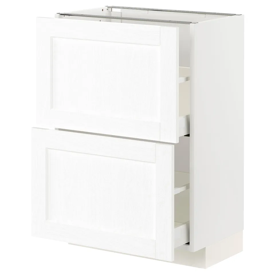 White METOD kitchen unit with two drawers, sleek design, wooden texture surface.