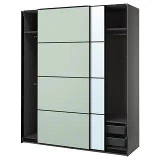 PAX / MEHAMN/AULI wardrobe with sliding doors, dark grey double sided/light green mirror glass, 200x66x236 cm