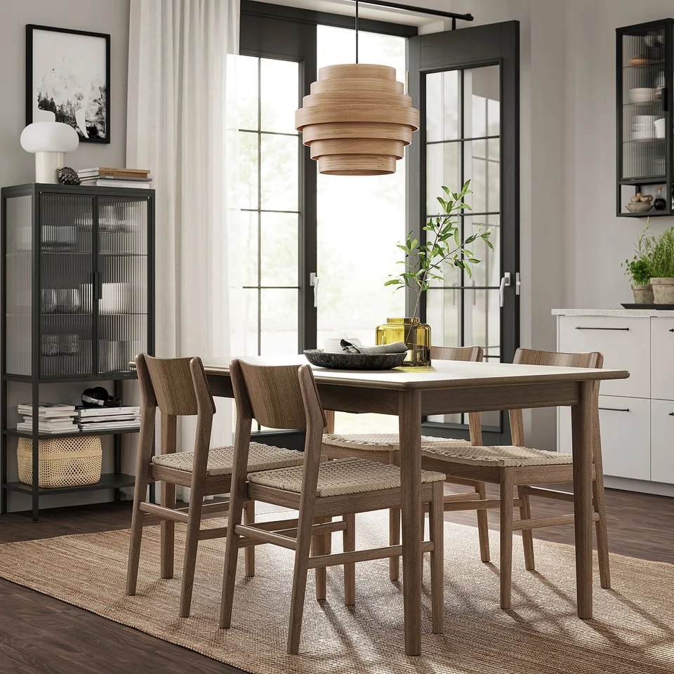 Modern scandinavian dining set; 4-6 seats, butterfly leaf, wood, light rug, large windows.