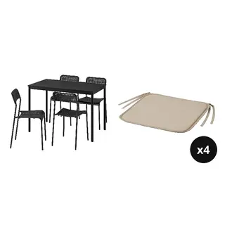 BRÄMÖN/SANDSBERG set: table and 4 chairs + chair pad x4, black black/black + grey-beige in/outdoor, 110x67 cm