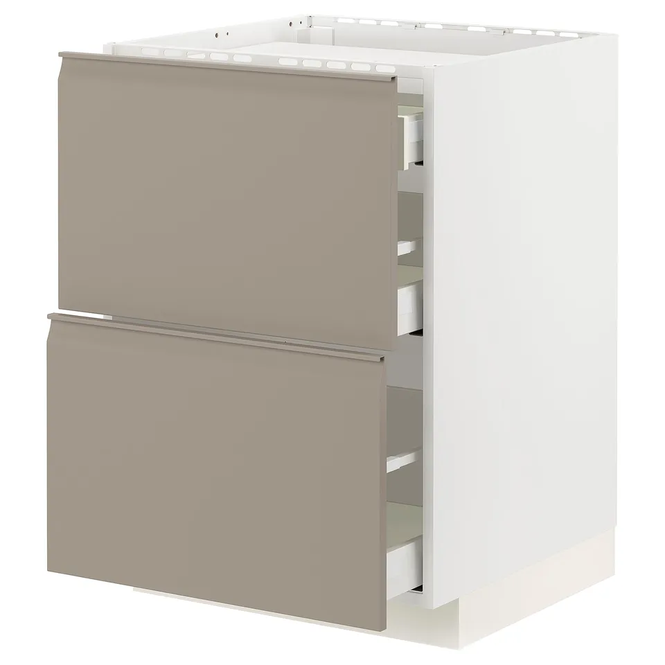 Modern kitchen cabinet, METOD, beige with grey drawer, sleek, minimalist design, integrated handles.