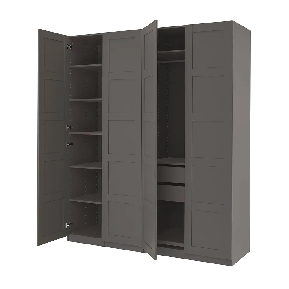 Grey PAX wardrobe, open doors reveal shelves, made from particleboard, simple, rectangular design.