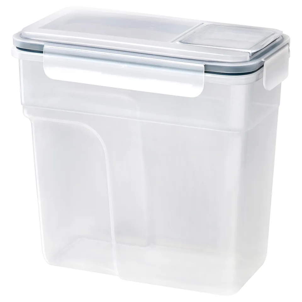 IKEA 365+ clear plastic food storage jar with silicone seal, rectangular shape, translucent, suitable for dry foods.
