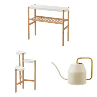 SATSUMAS/VATTENKRASSE set: plant stand x2 + watering can, bamboo/white + ivory/gold-colour