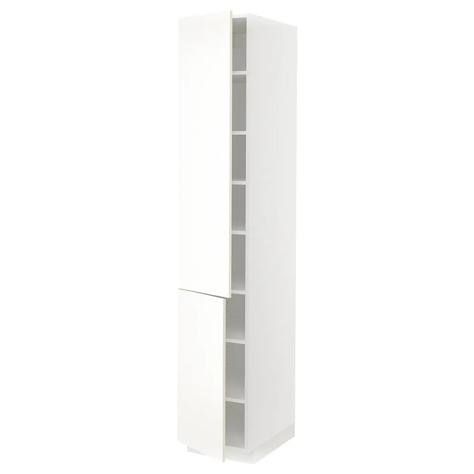 A METOD kitchen cabinet in white with multiple adjustable shelves. It a minimalist design with a sleek, modern look.
