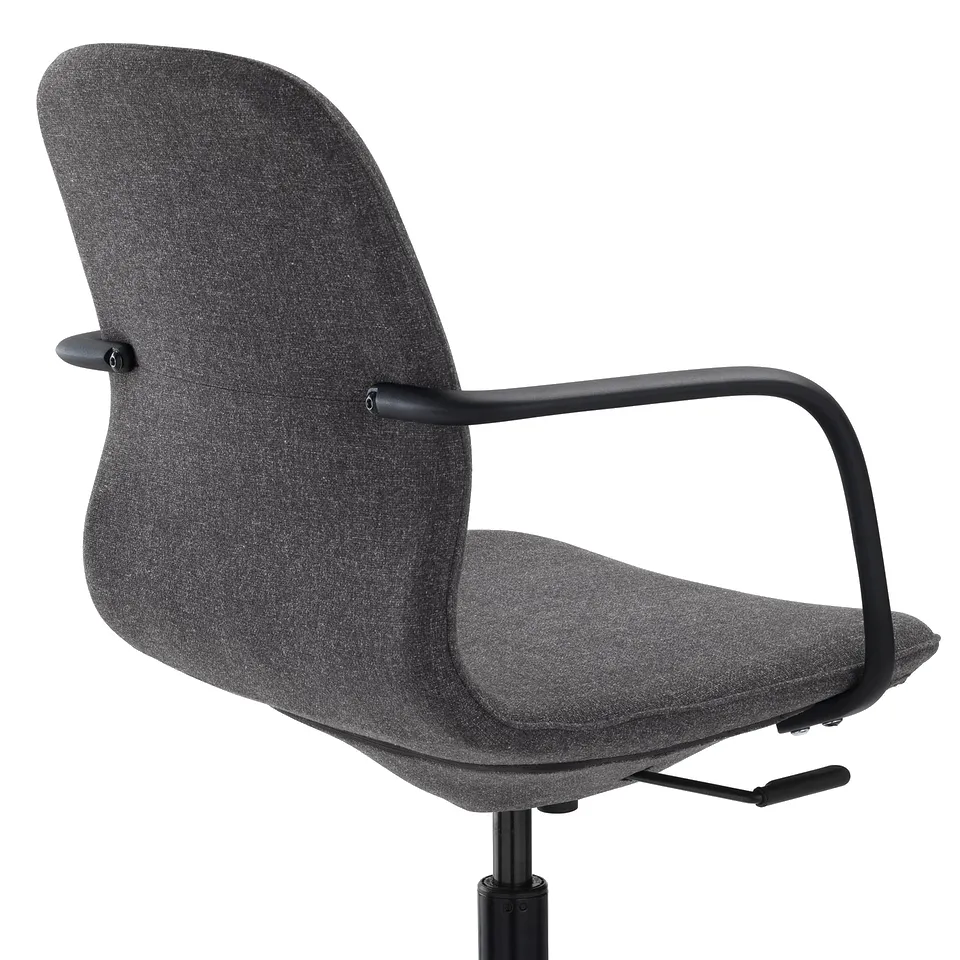 Grey fabric conference chair with adjustable height, armrests, and lumbar support.
