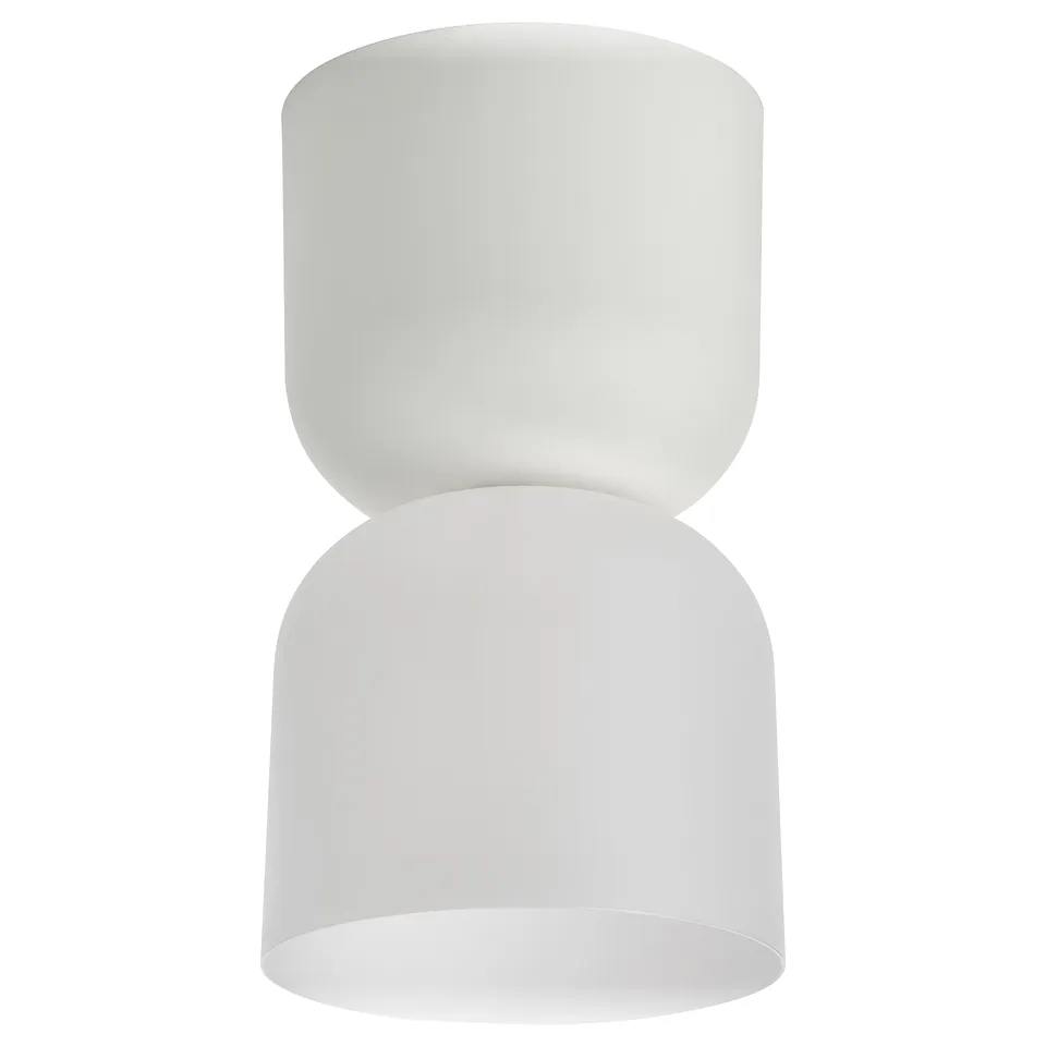 White modern ceiling lamp, cylindrical shape, sleek design, made from recycled polycarbonate and polypropylene plastic.