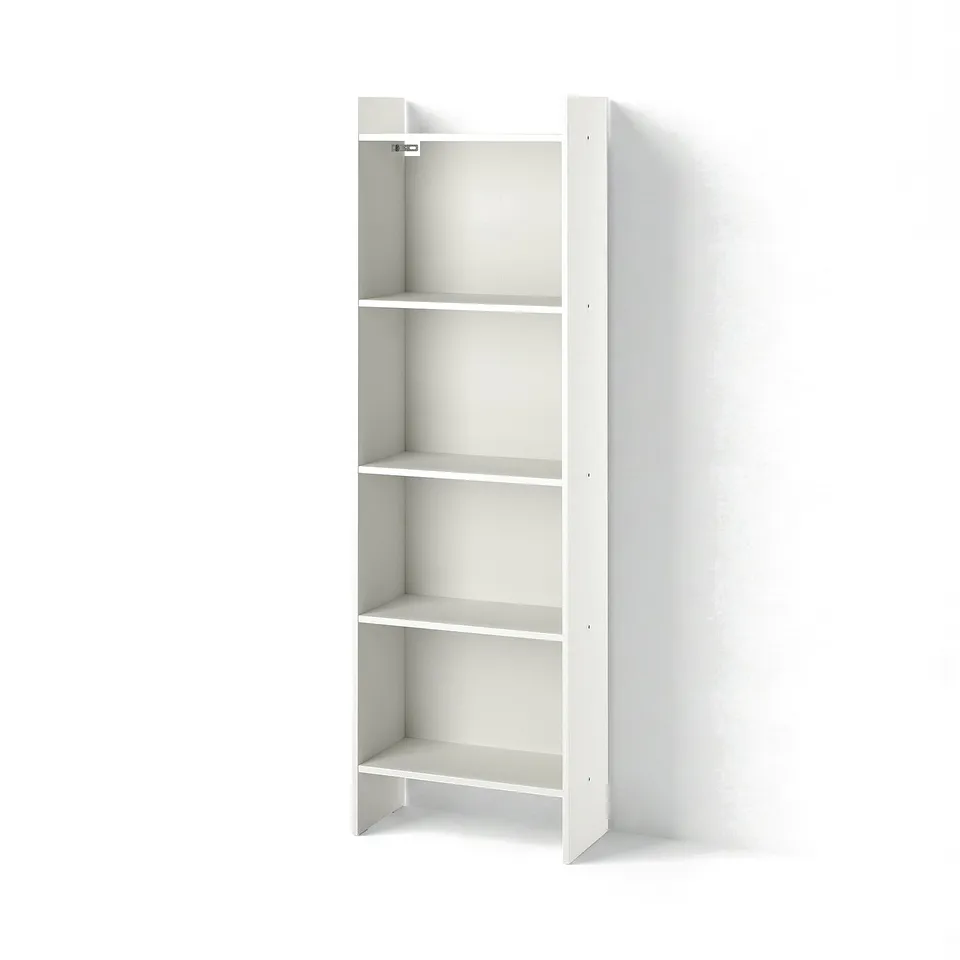 A white BAGGEBO bookshelf with four empty shelves. Its tall and rectangular, made from particleboard and paper foil.