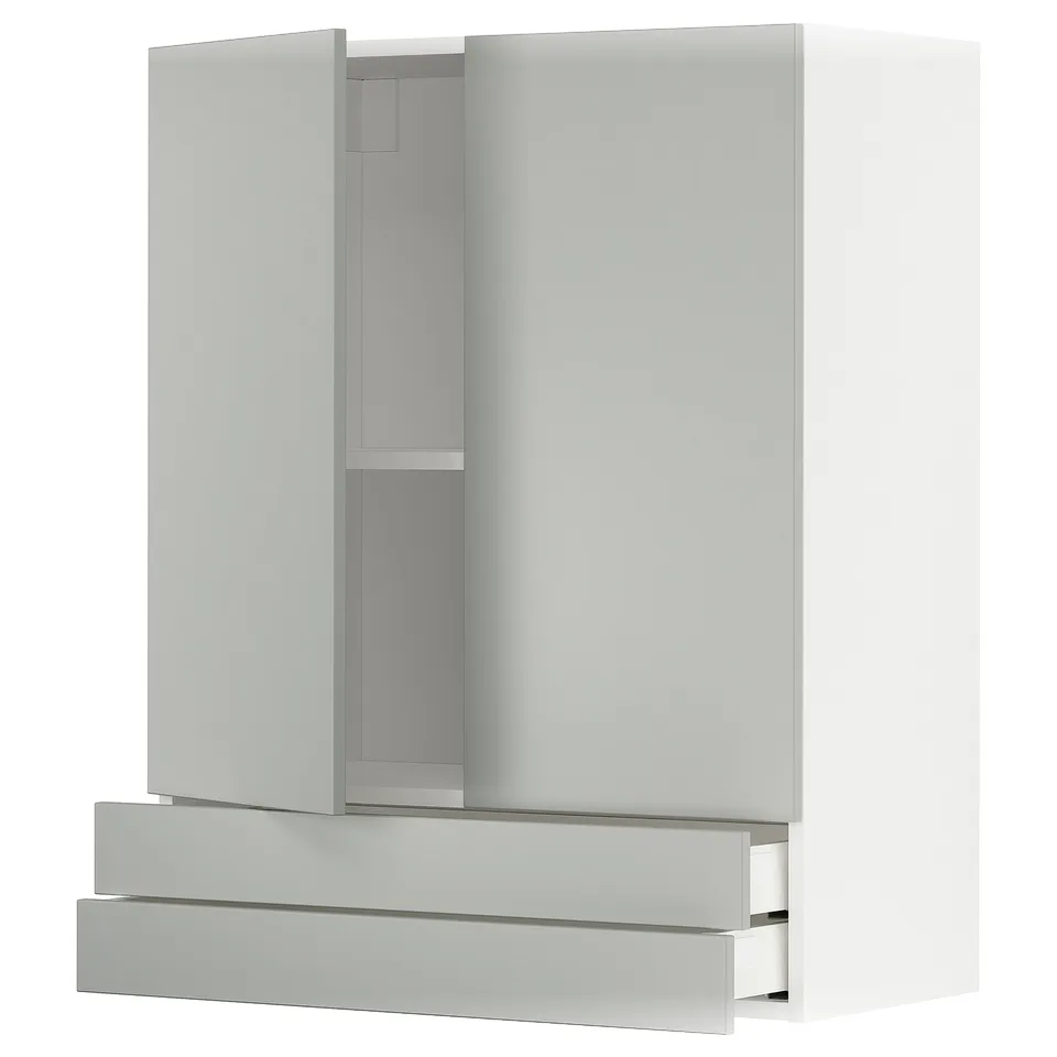 A white METOD kitchen cabinet set with modern design, featuring sleek light grey havstorp handles.