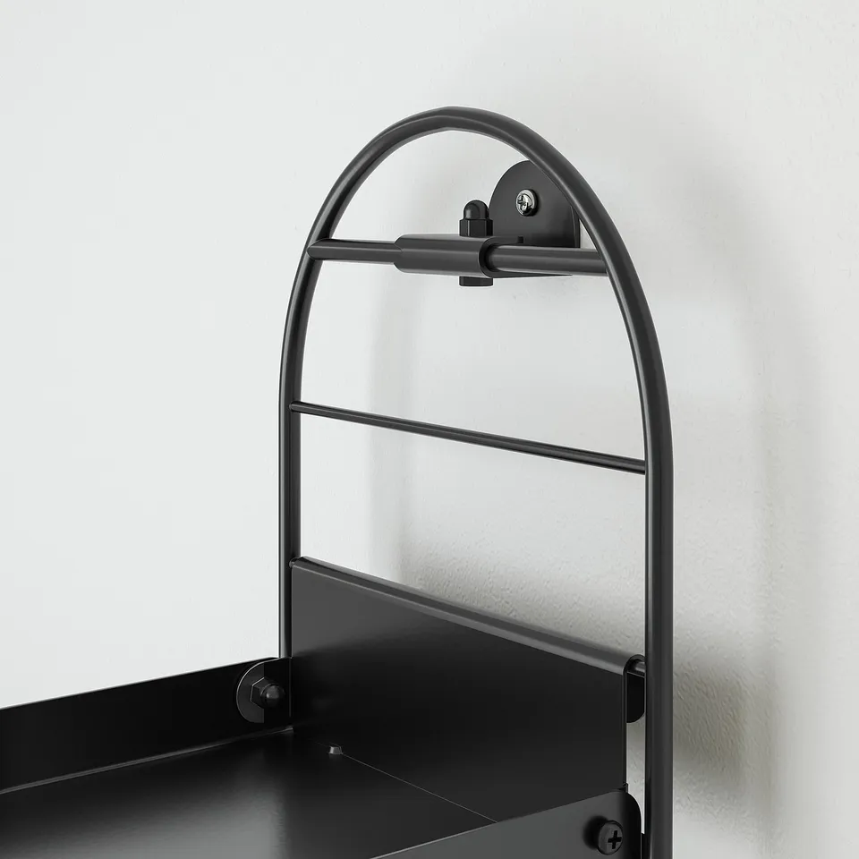 Modern metal wall shelf, featuring sleek design with three horizontal bars for holding items or plants, mounted on a wall.