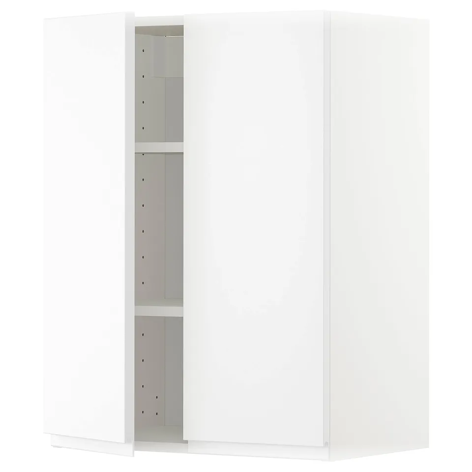 A white ikea METOD kitchen cabinet with three adjustable shelves, minimalist design, and left-side door mount.