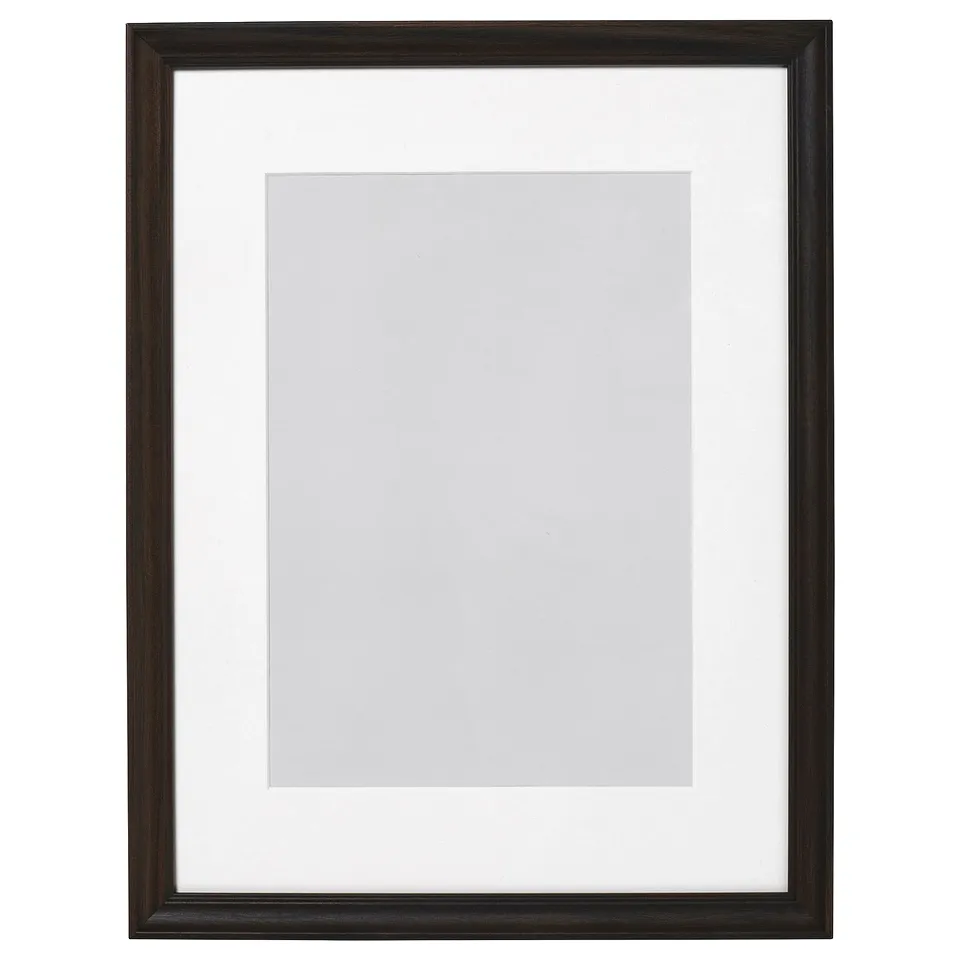 KLOTKÖRSBÄR picture frame, black, wooden look, square, with white mat.