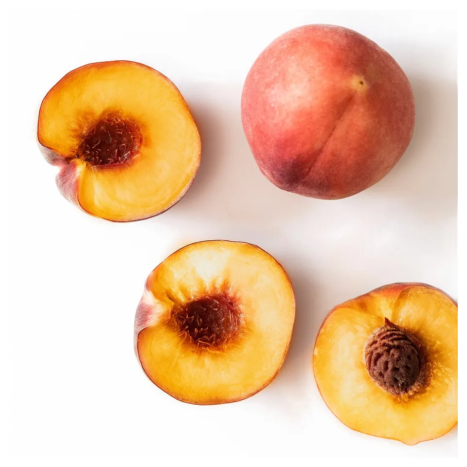 Four peach halves and one whole on white. Vibrant orange flesh, dark pits. Simple, clean layout.