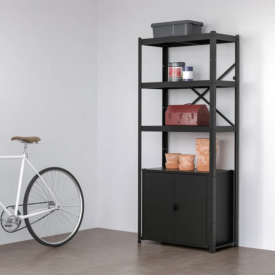BROR black metal 4-tier shelf with tools & pots.