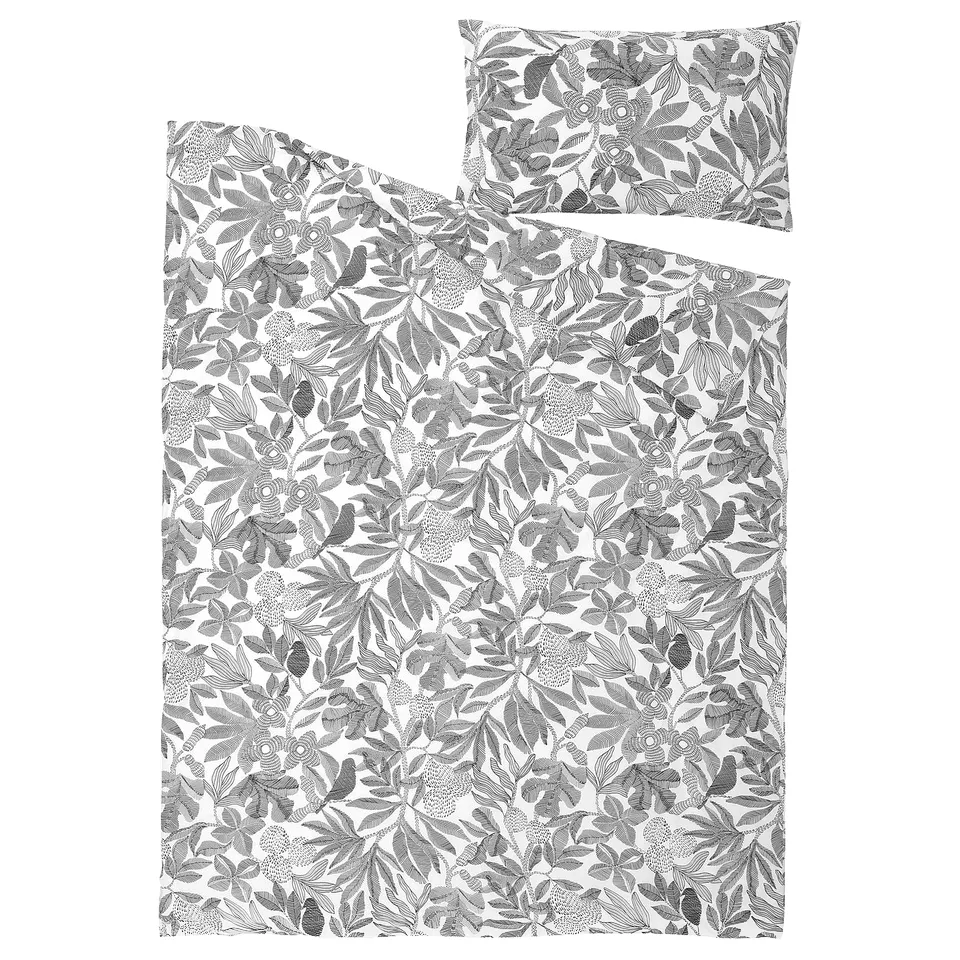 Brokladracia duvet set: white with black floral print, rectangular, two pieces, smooth fabric.