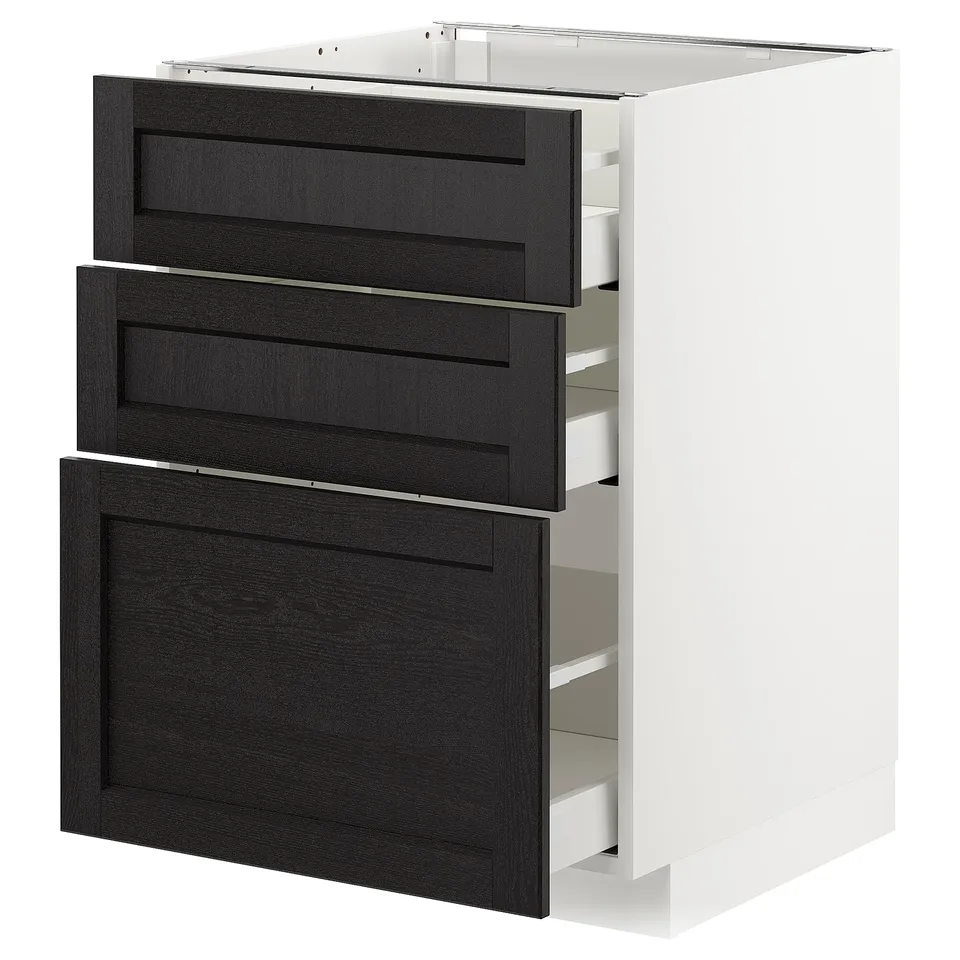 Modern kitchen cabinet with three dark-stained wooden drawers and white frame, guarantees quality and storage.