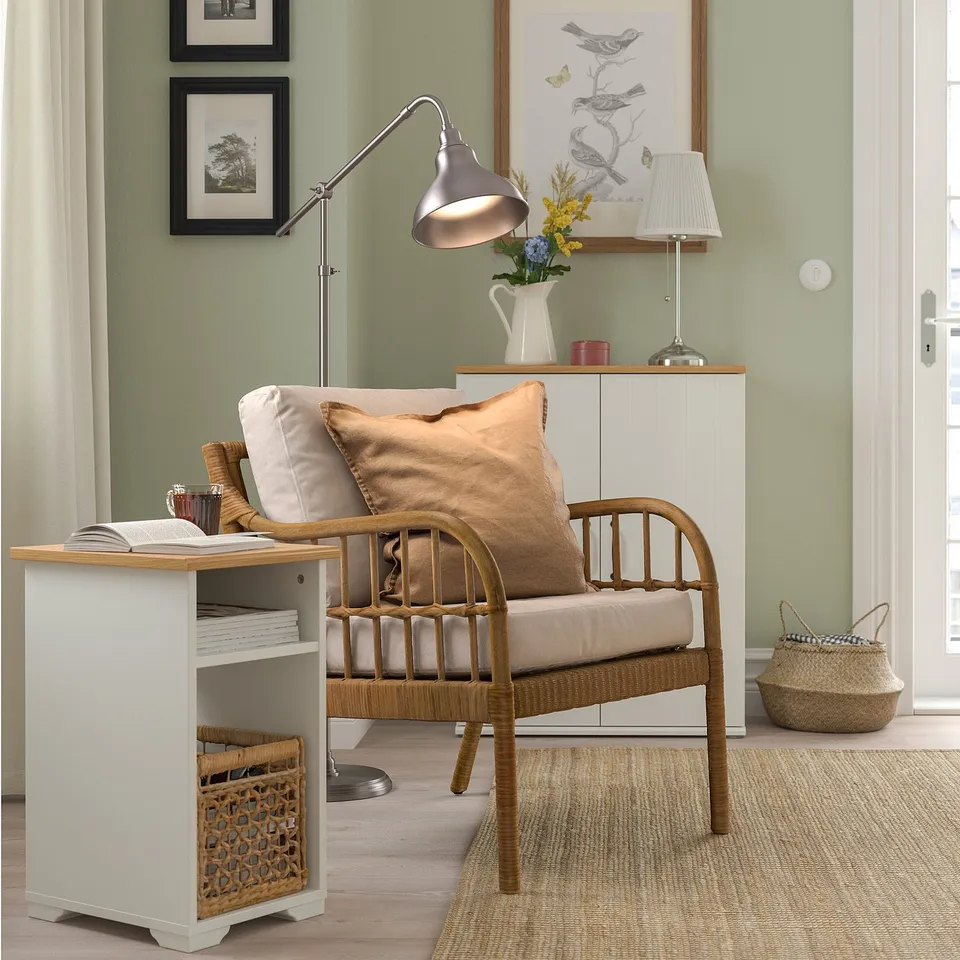 Cosy nook with SKRUVBY side table, bench, lamp, and art.