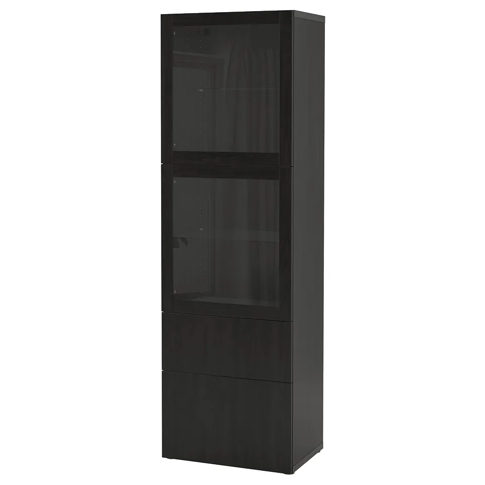 A black BESTÅ storage cabinet with glass doors, designed for displaying and storing items. It adjustable shelves and drawers for organised storage.