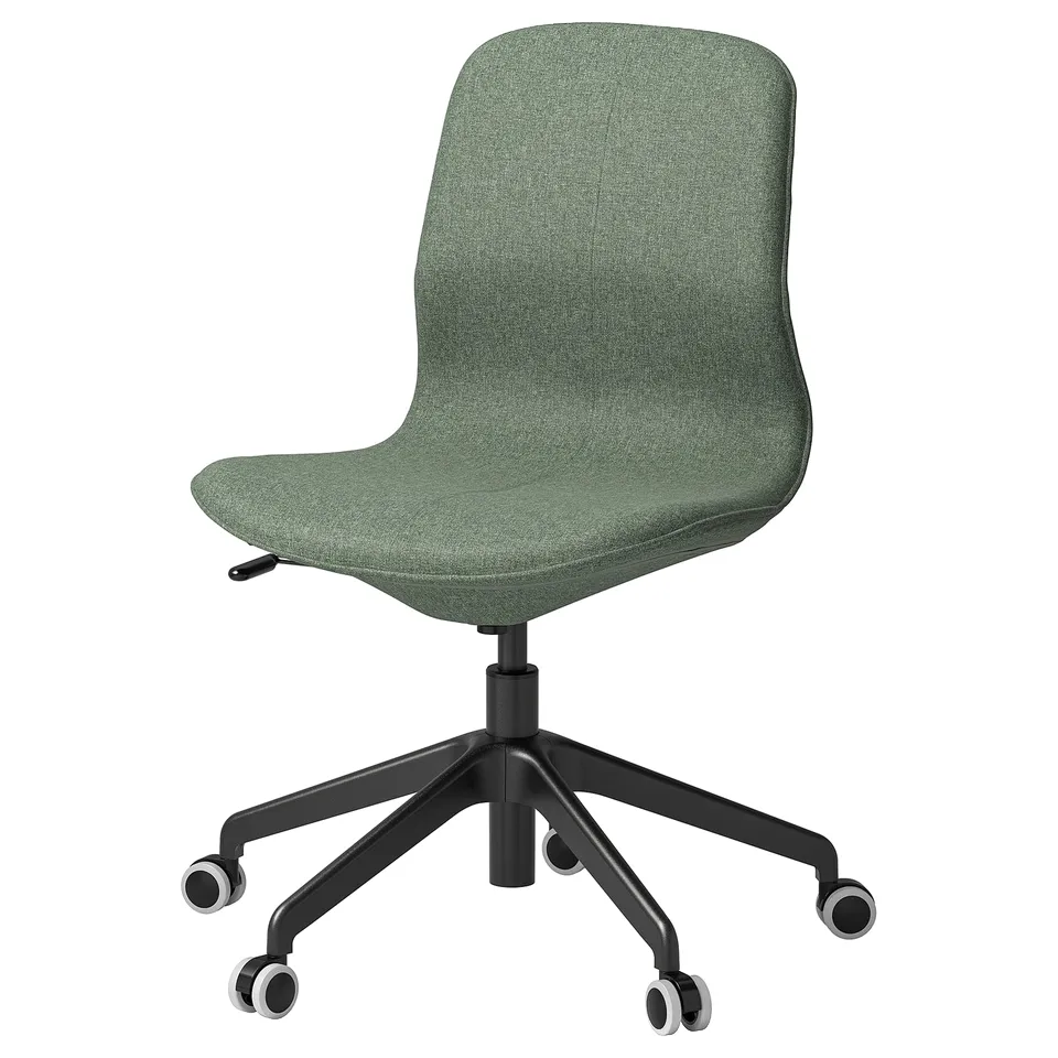A green LÅNGFJÄLL office chair with a curved design, fabric seat, and height-adjustable. It has five caster wheels and a black metal base.