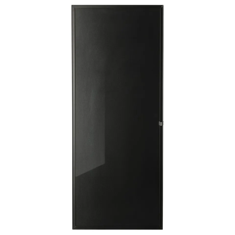 Displays a sleek, black HÖGBO glass door, featuring a modern, minimalist design with adjustable hinges, perfect for enhancing a billy bookcase.