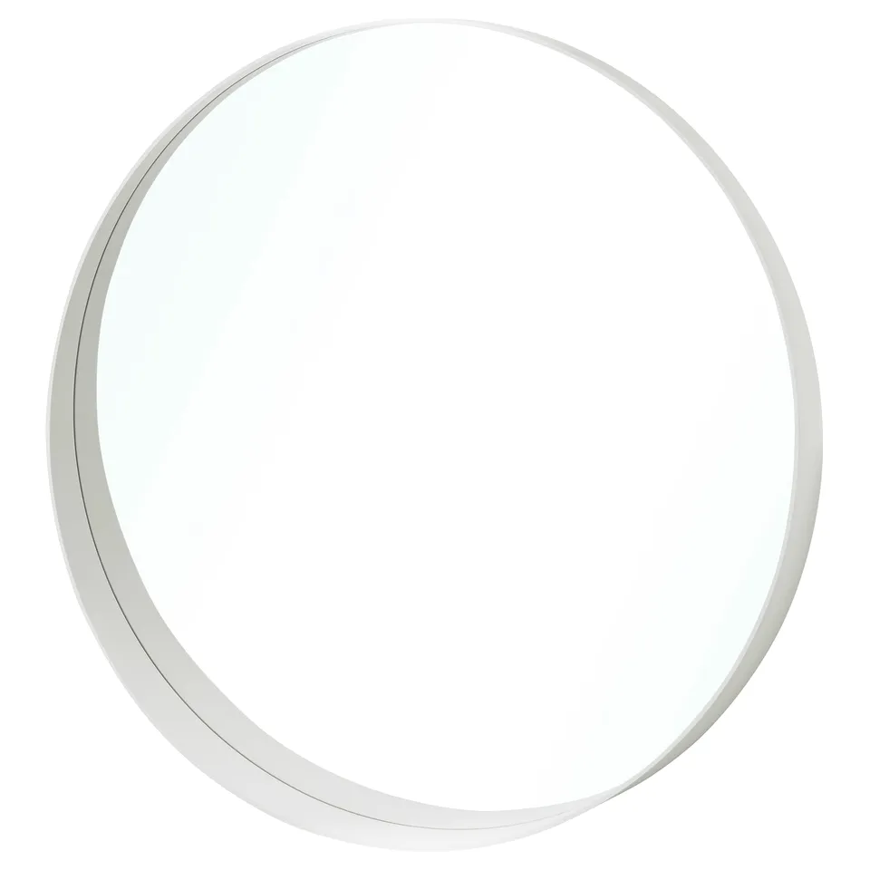 A round ROTSUND mirror with a thin frame. Its white and designed for wall mounting, with a small shelf at the bottom for convenience.