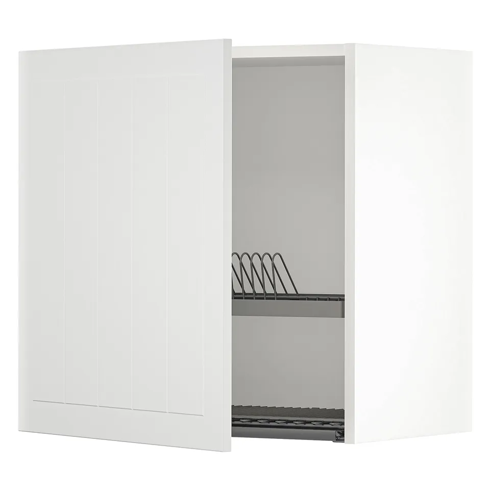 Open white METOD kitchen cabinet with adjustable shelf & dish drainer.