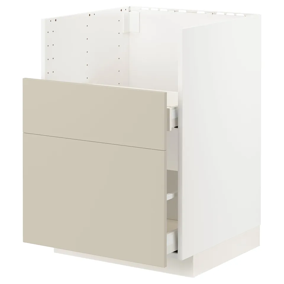 White METOD kitchen cabinet with beige drawers, modern minimalist style.