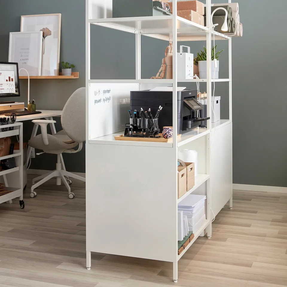 TROTTEN storage unit with open/closed compartments, notice board, printer, divides workspace.