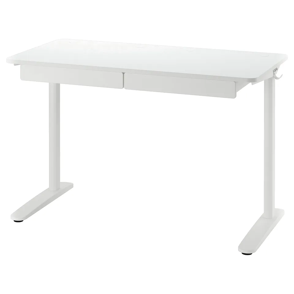 White RELATERA desk with drawers and backpack hook; minimalist, rectangular design.