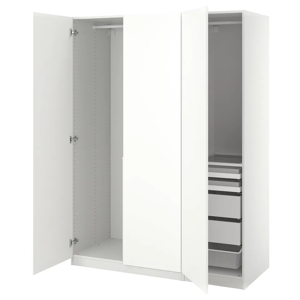 An open white PAX wardrobe with shelving and drawers, offering organised storage.