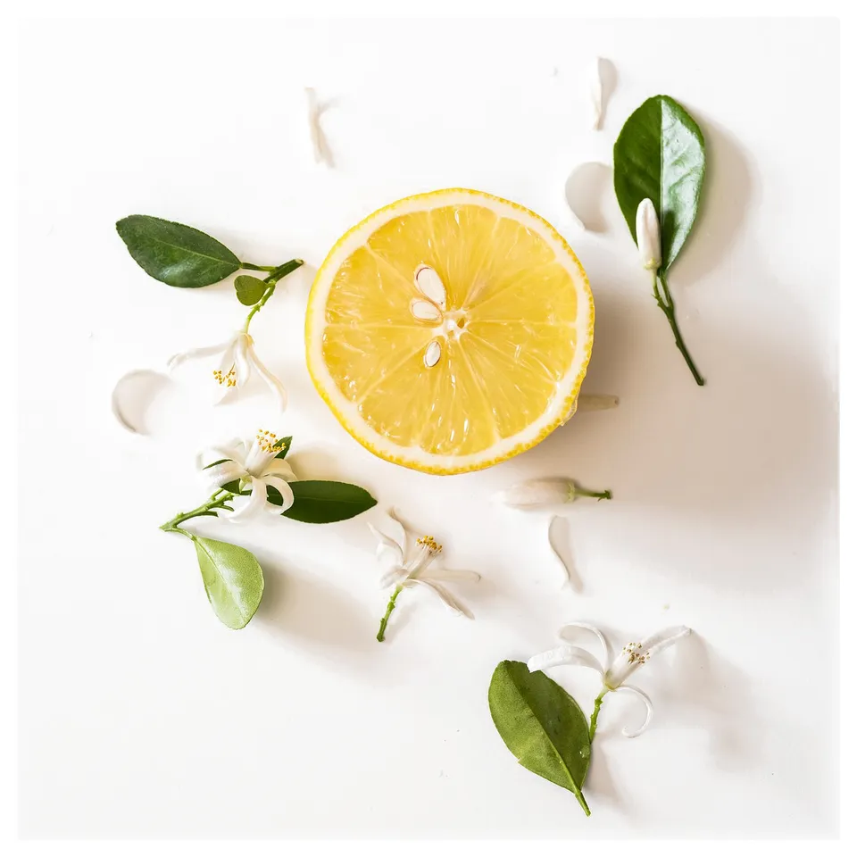 Bright yellow lemon half, green leaves, white flowers, all on white.