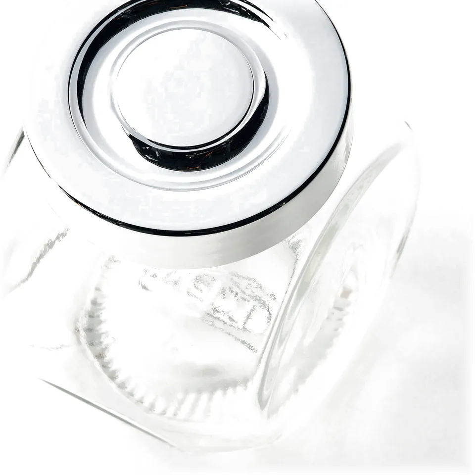 Clear glass jar with shiny metal lid, reflective surface, sturdy design.