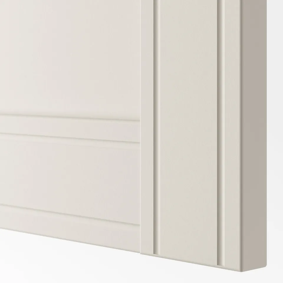 Close-up of white wardrobe door, smooth finish, horizontal grooves.
