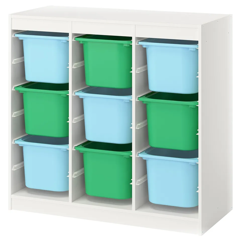 TROFAST Storage combination with boxes, room divider white/light blue bright green, 99x44x95 cm