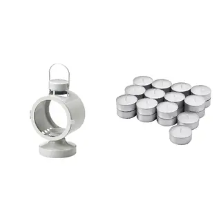 FLODSVALA/GLIMMA set: lantern for tealight, in/outdoor + unscented tealight, off-white, Height 21 x Length 14 x Width 11 cm