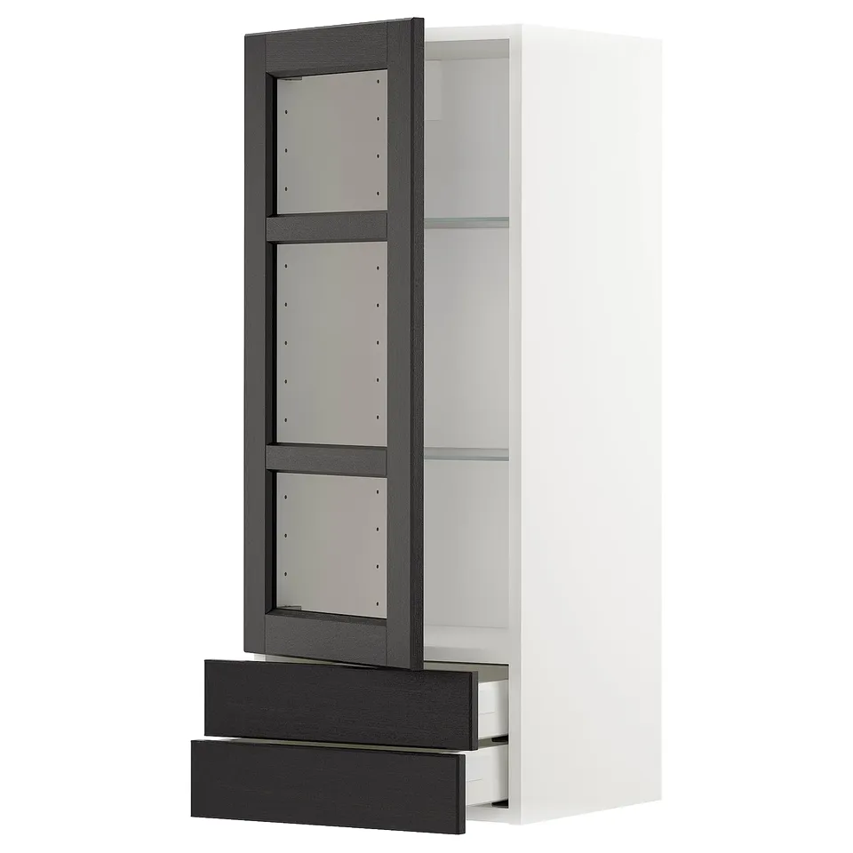 Modern white cabinet with dark-stained wood and glass door, open shelf, and two pull-out drawers.