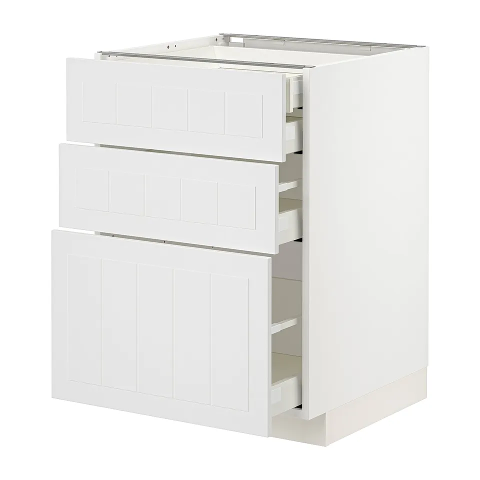 METOD white kitchen unit with 3 drawers, rectangular shape,mooth finish.