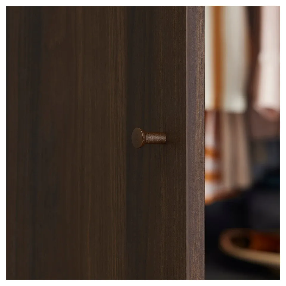 Dark wooden cabinet door with circular handle.