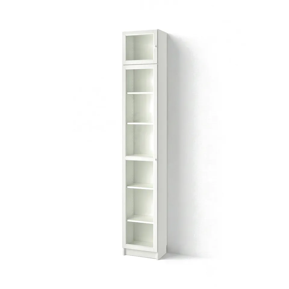 White BILLY bookcase, tall, slim, wall-mounted with glass doors, modern design.