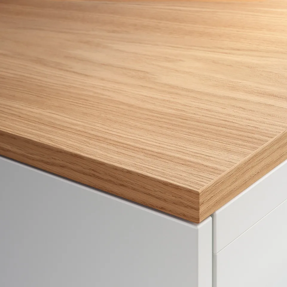 Wooden countertop showcasing quality craftsmanship, smooth finish, and natural oak veneer texture.